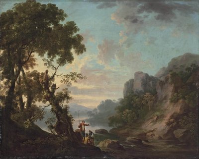 Waldlandschaft mit einem See, Angler im Vordergrund von George the Elder Barret